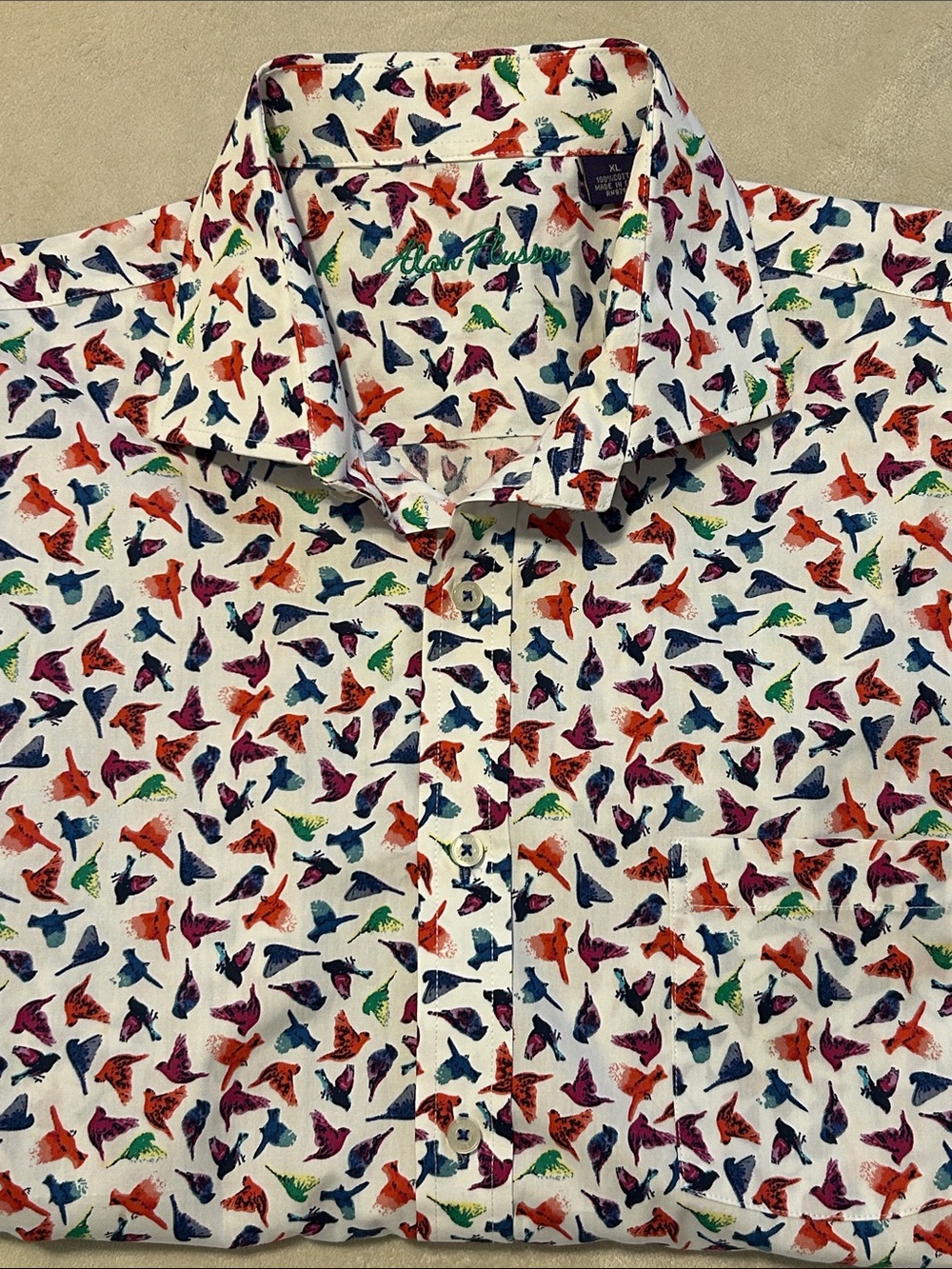 Alan Flusser XL Mens Shirt Bird Print Summer Cotton Short Sleeve Button Up White